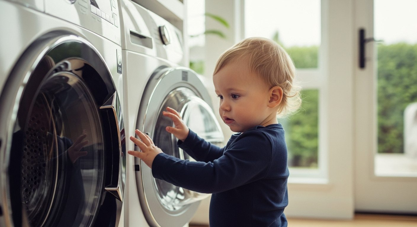 Curious toddler looking at home appliances in Vancouver