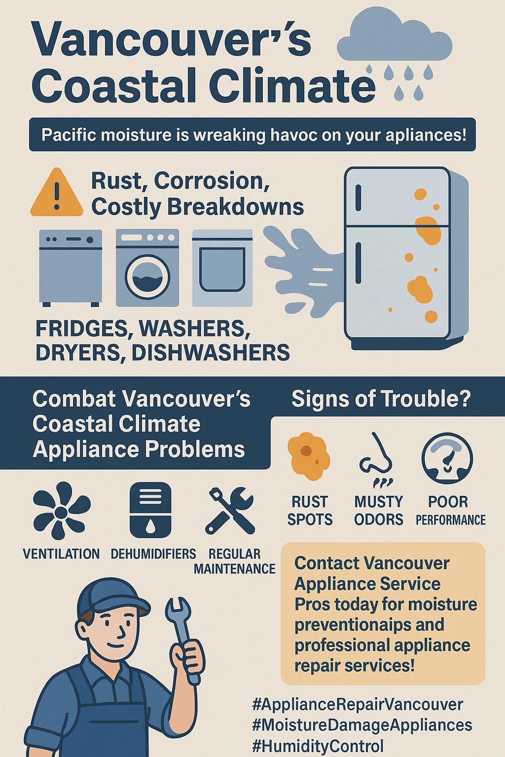 Infographic summarizing key takeaways about humidity damage to appliances in Vancouver.