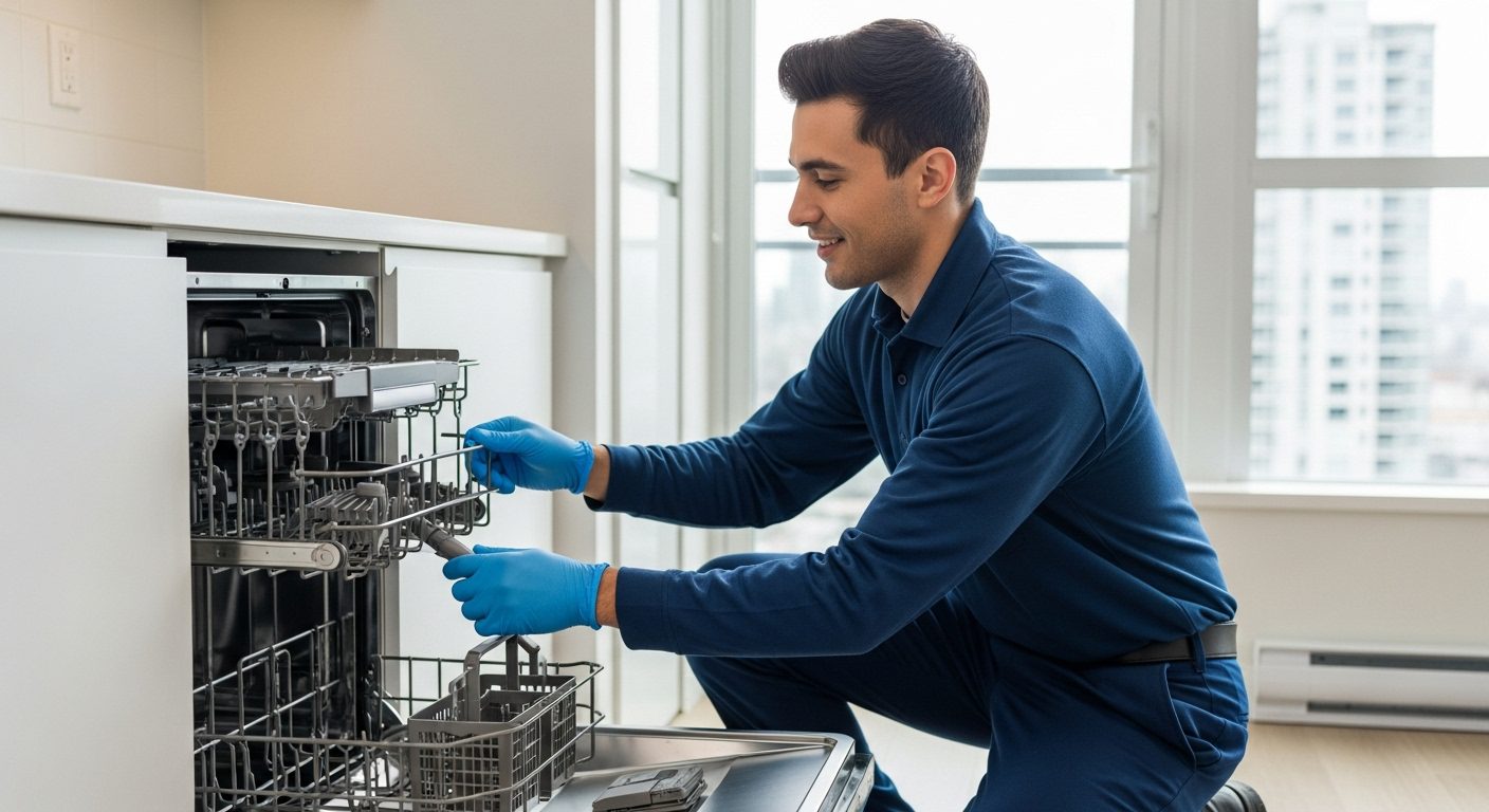 Technician performing a preventive maintenance check on a rental property appliance in Vancouver