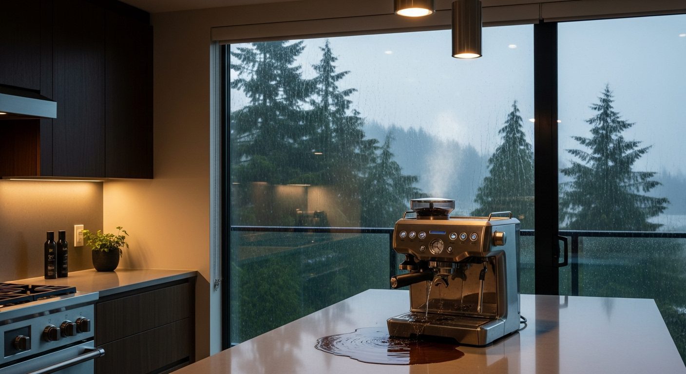 View of a rainy Vancouver day through a window, with a broken home appliance in the foreground.