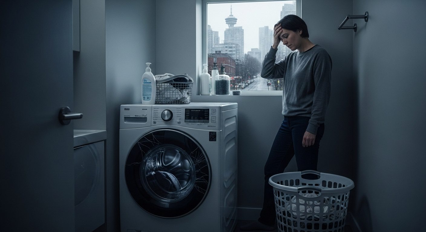 Vancouver homeowner looking stressed at a broken washing machine.