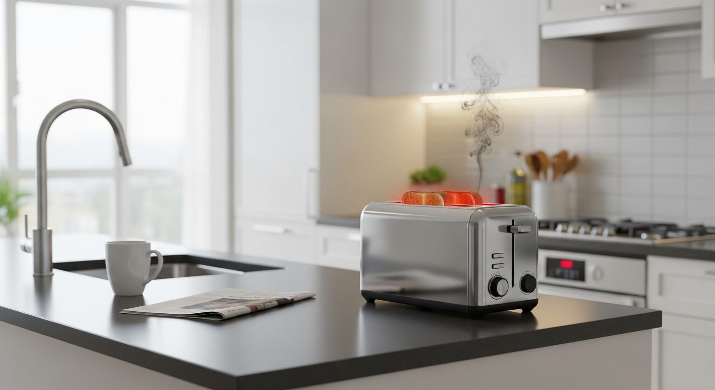 A modern kitchen with text overlay indicating potential appliance fire hazards.