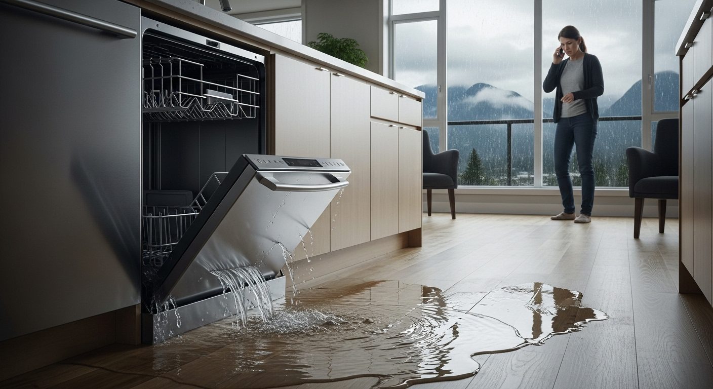 Water damage in a Vancouver kitchen caused by a broken appliance