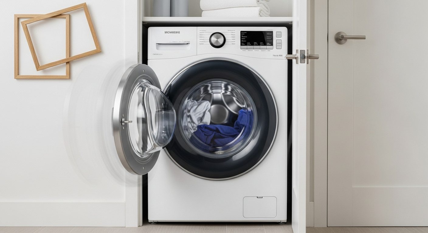 Shaking washing machine in a Vancouver condo laundry room.