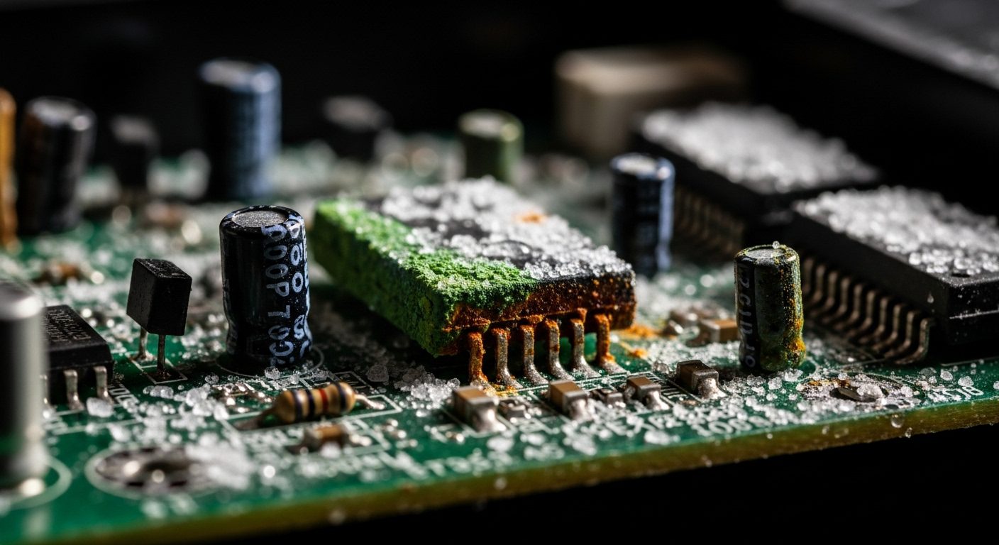 Close-up of a corroded appliance circuit board due to humidity and salt air