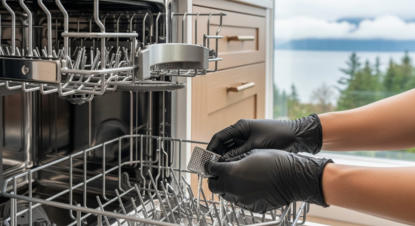A technician servicing an outdoor appliance unit, with the Vancouver coastal environment in the background, symbolizing climate-specific maintenance.