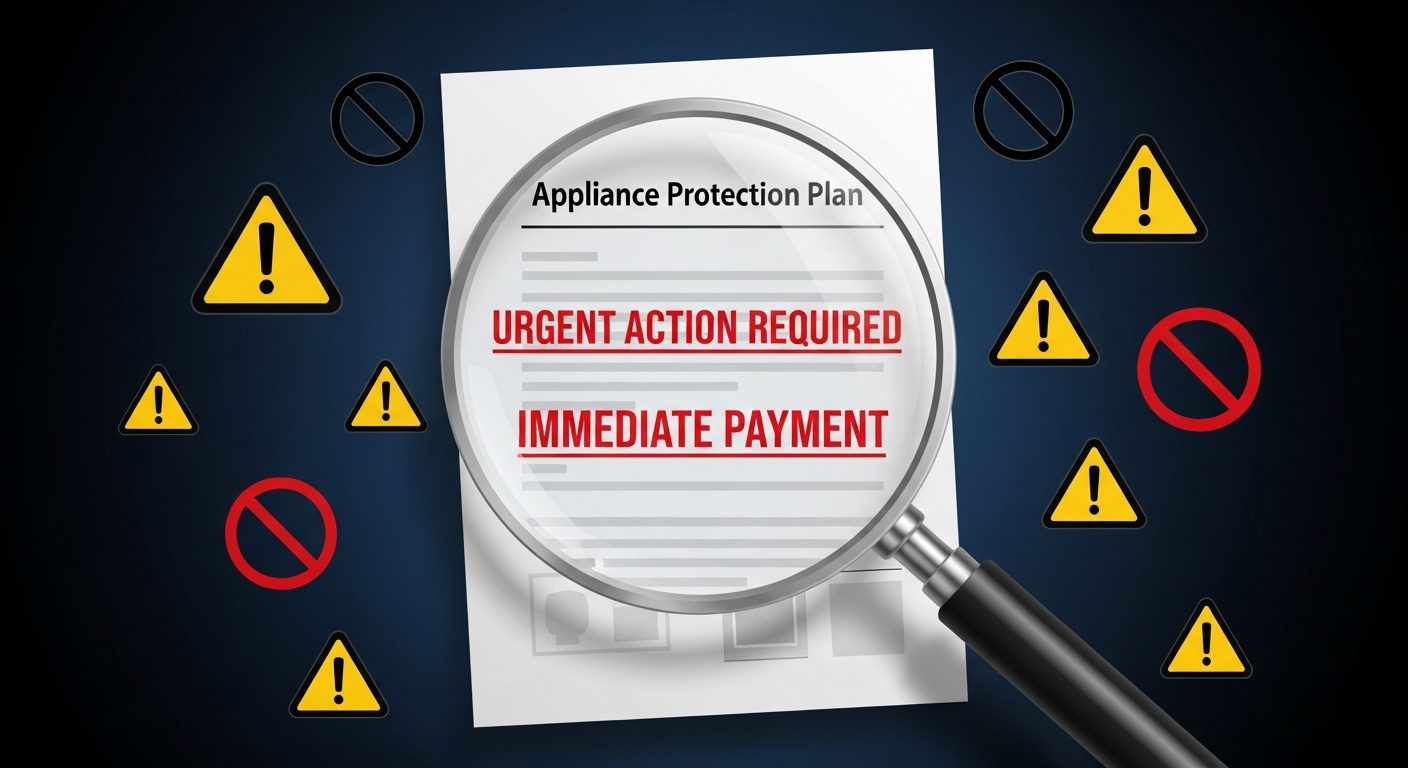 Graphic illustrating red flags for appliance warranty scams