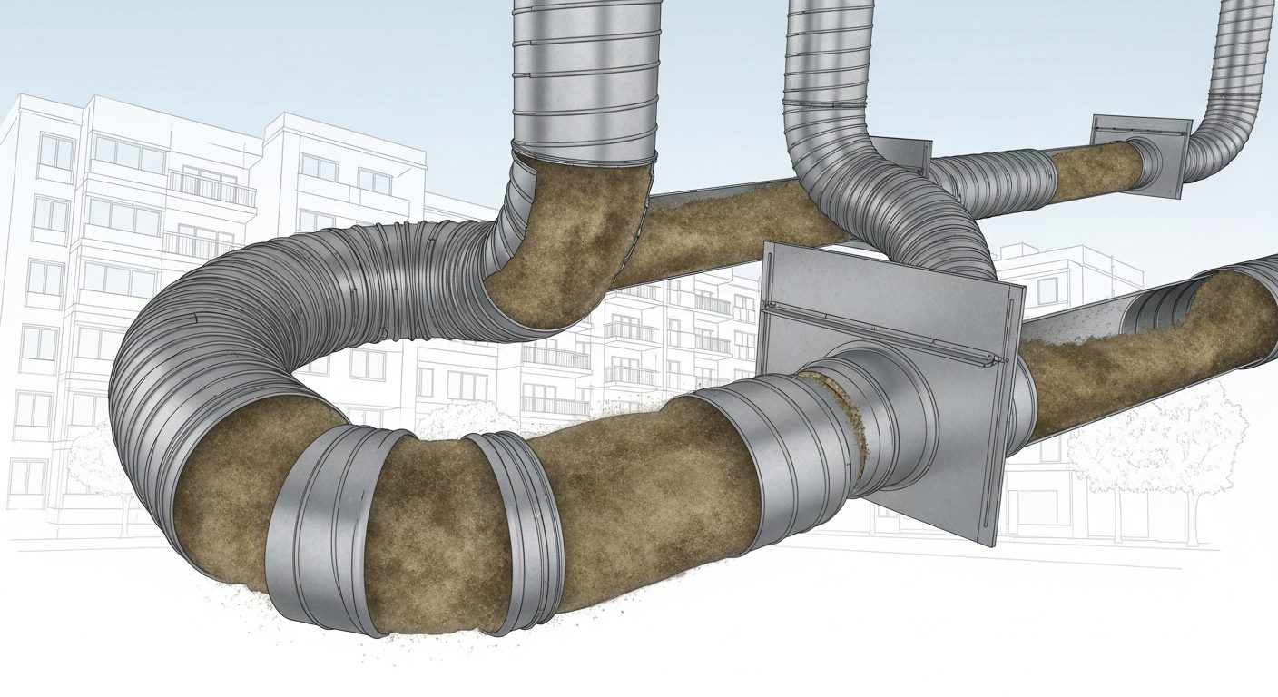 A dangerously clogged dryer vent full of lint, posing a fire hazard