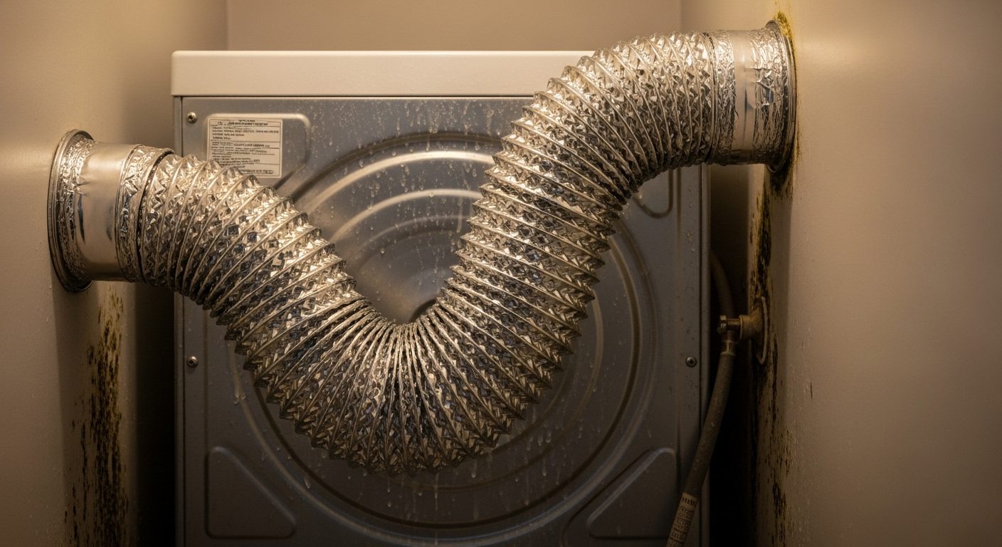 A dangerously faulty dryer vent installation in a laundry room, highlighting ventilation failures.
