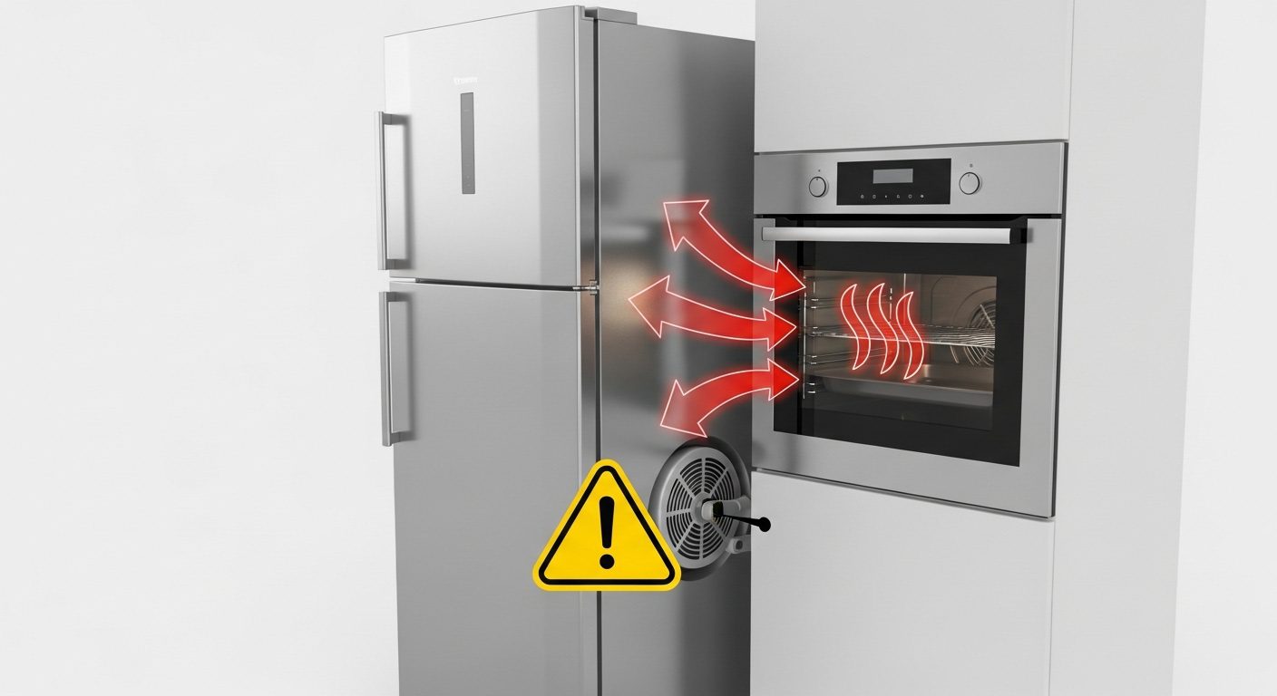 An incorrectly placed refrigerator right next to a stove, a common placement mistake that voids warranties.