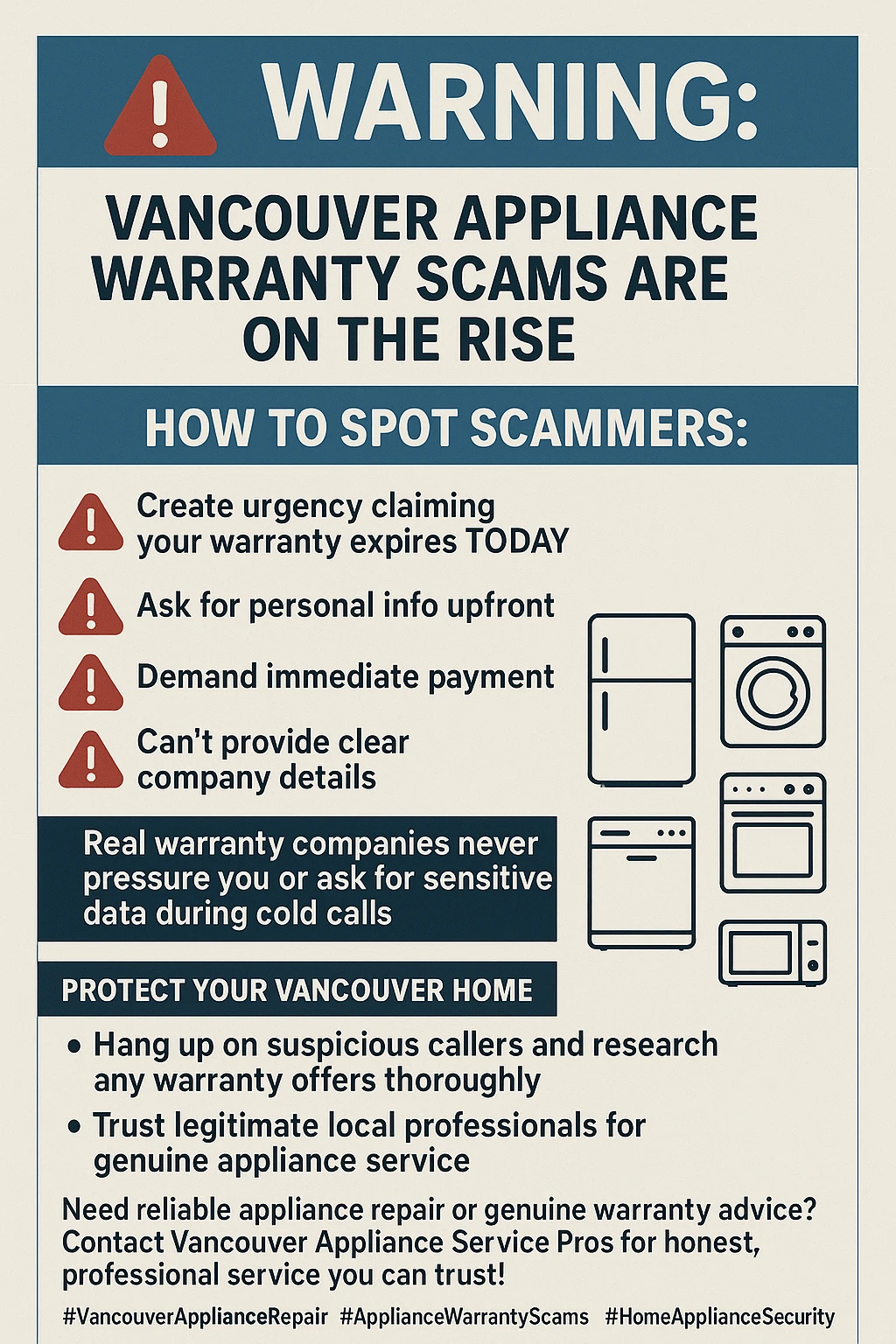 Infographic detailing key takeaways of Vancouver appliance warranty scams