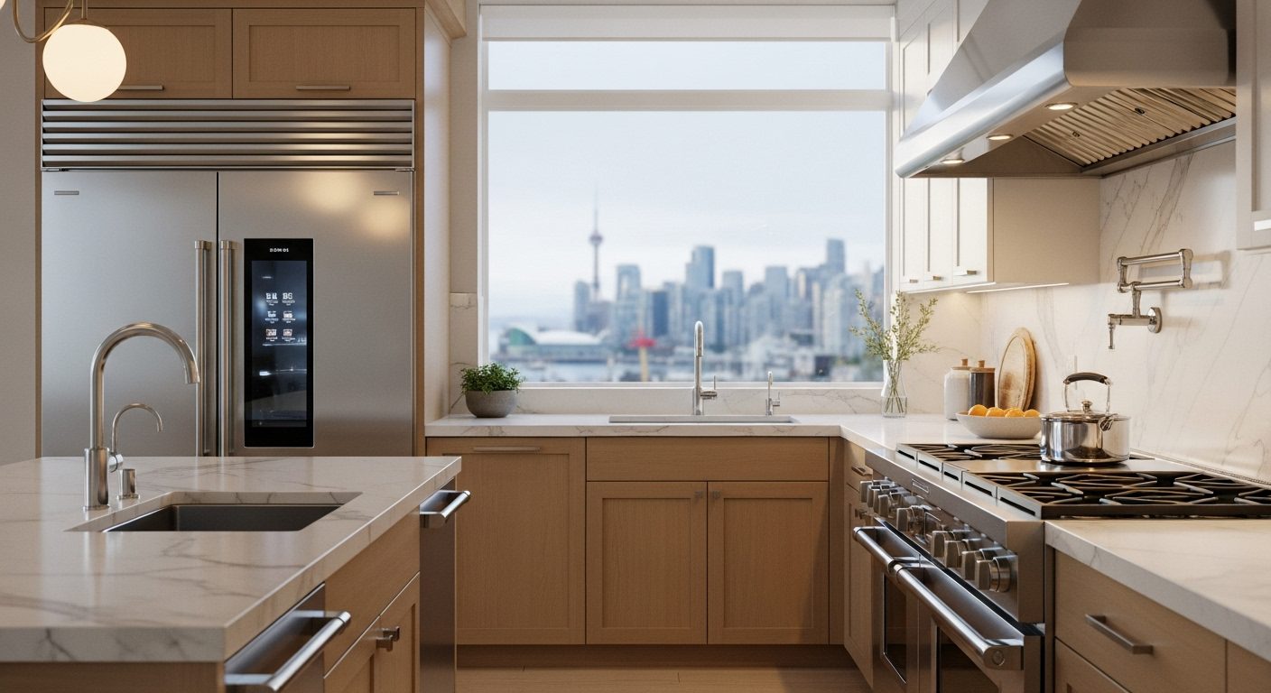 Modern Vancouver kitchen with high-end stainless steel appliances and a view of the city skyline.