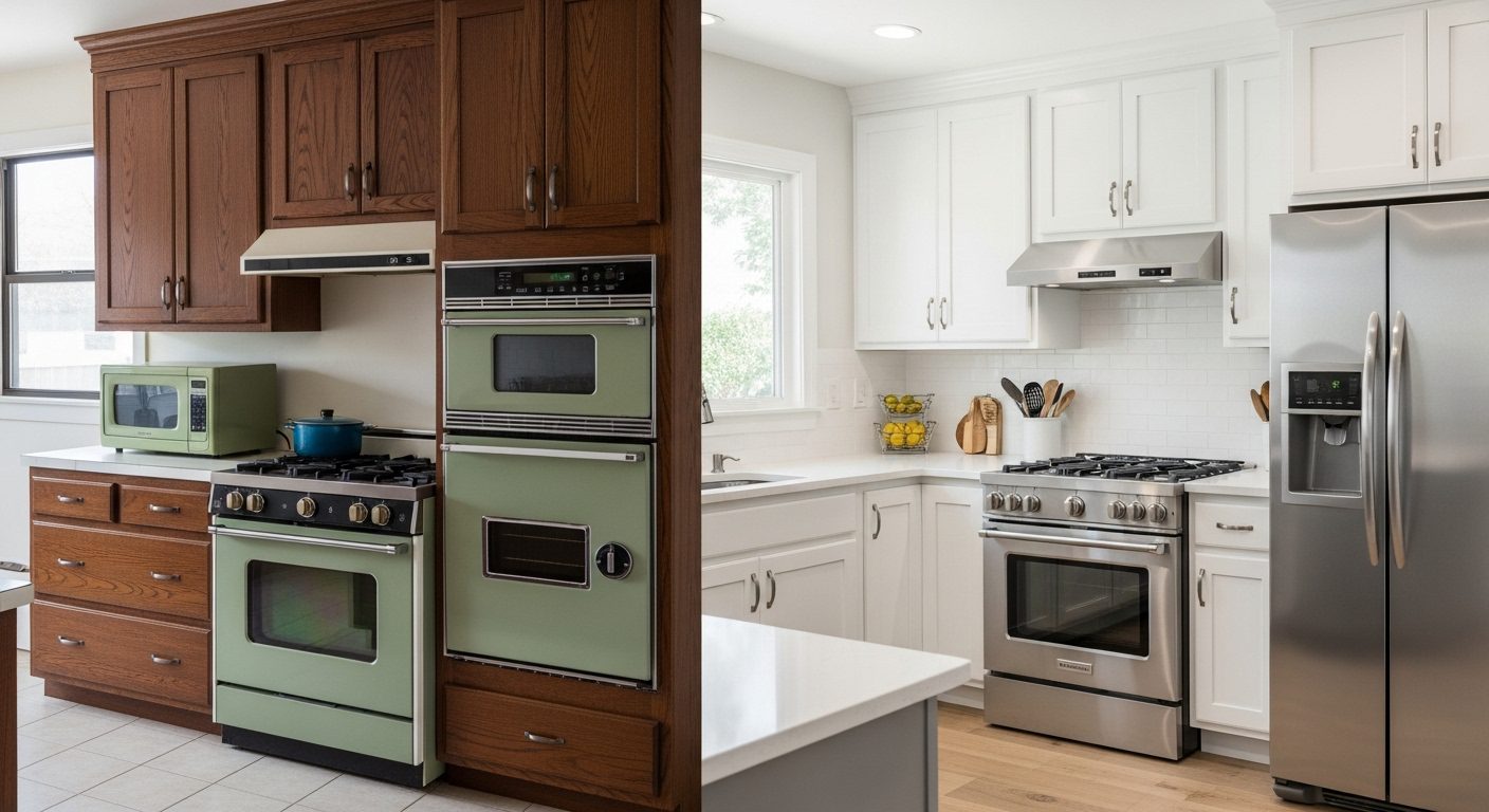 A split-screen image showing an outdated kitchen on one side and a modern, updated kitchen on the other, illustrating the impact on home value.
