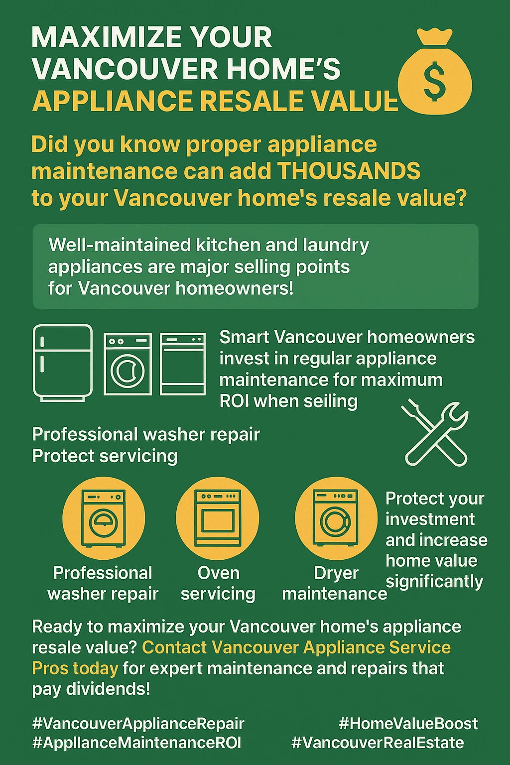 Infographic summarizing key takeaways about how appliances affect home resale value in Vancouver.