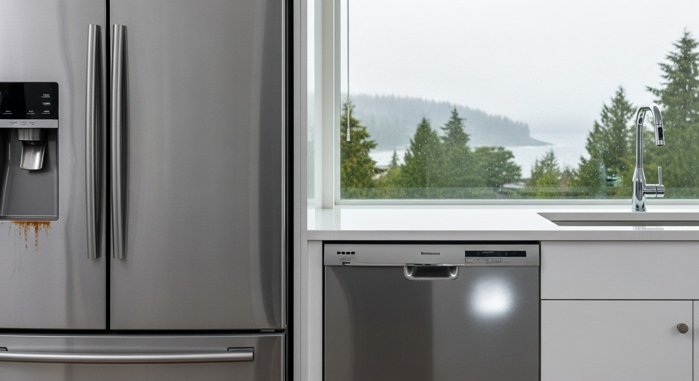 A modern kitchen in Vancouver showing potential for appliance failure due to environmental factors.