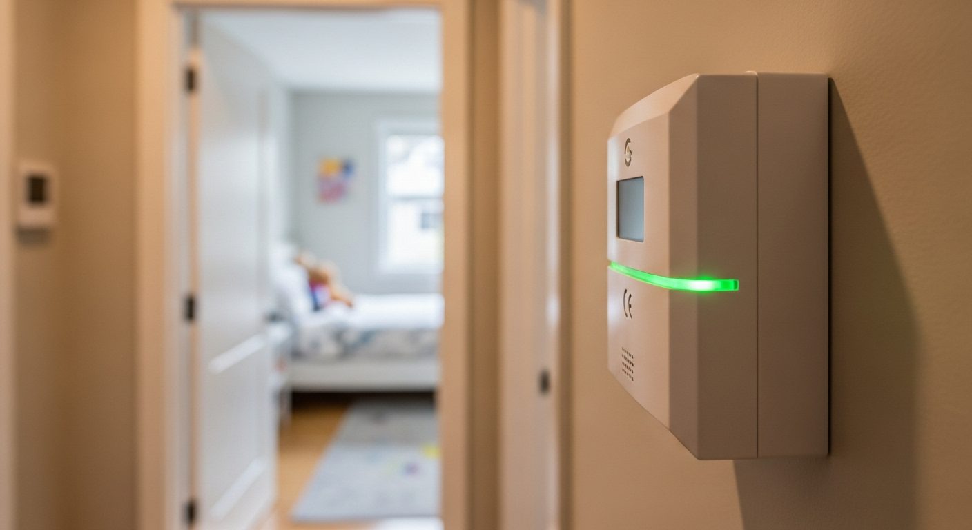 A carbon monoxide detector on a wall, highlighting Vancouver's mandatory CO detector regulations.