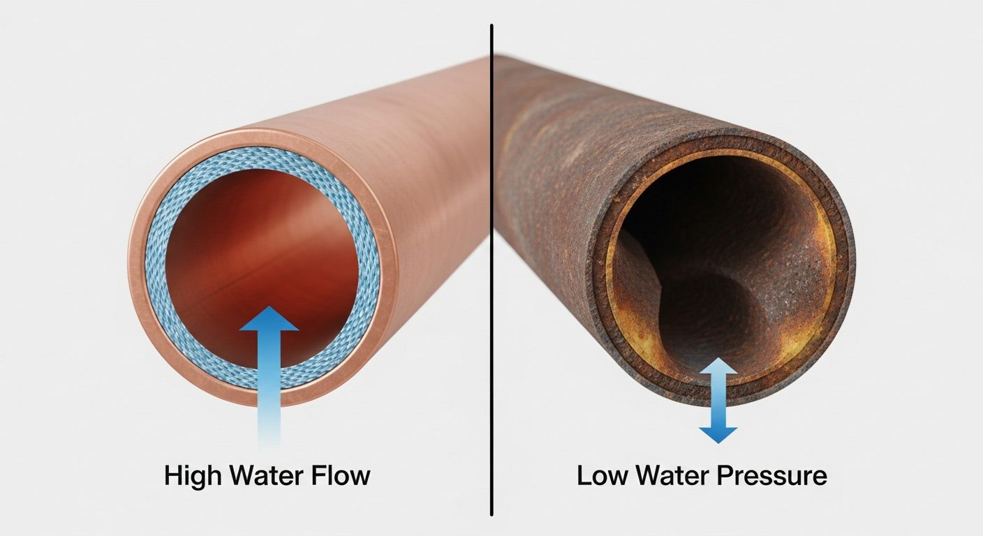 Close-up of old, corroded water pipes, illustrating a common cause of low water pressure in older homes.
