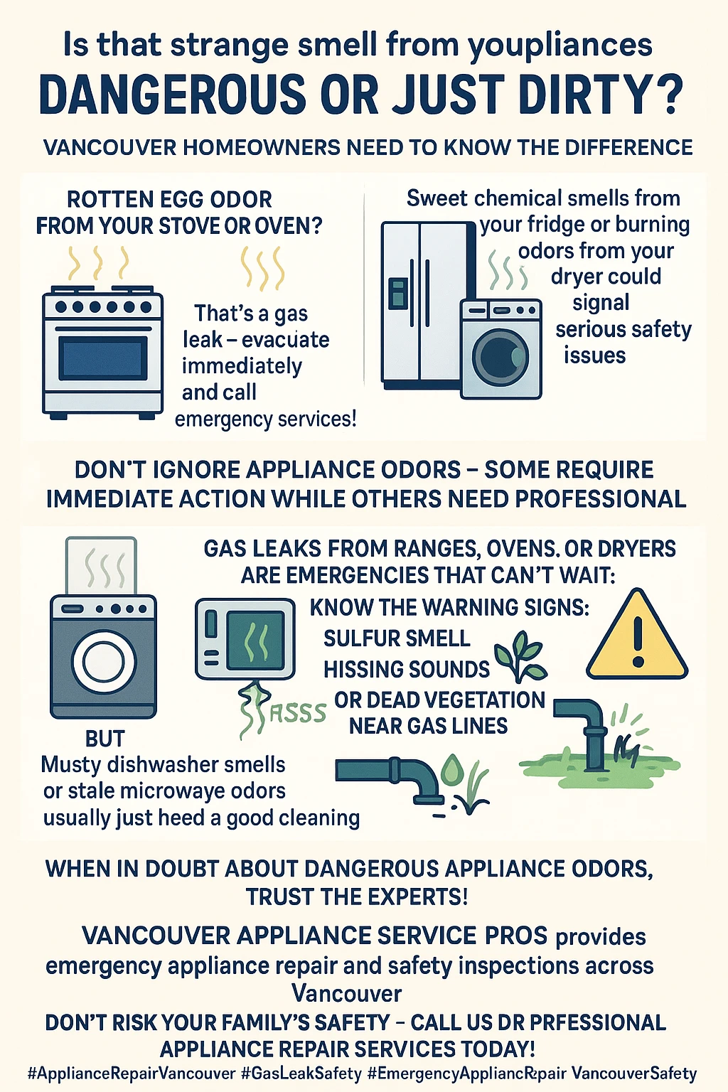 Infographic showing safety tips for appliance gas leaks in Vancouver homes.