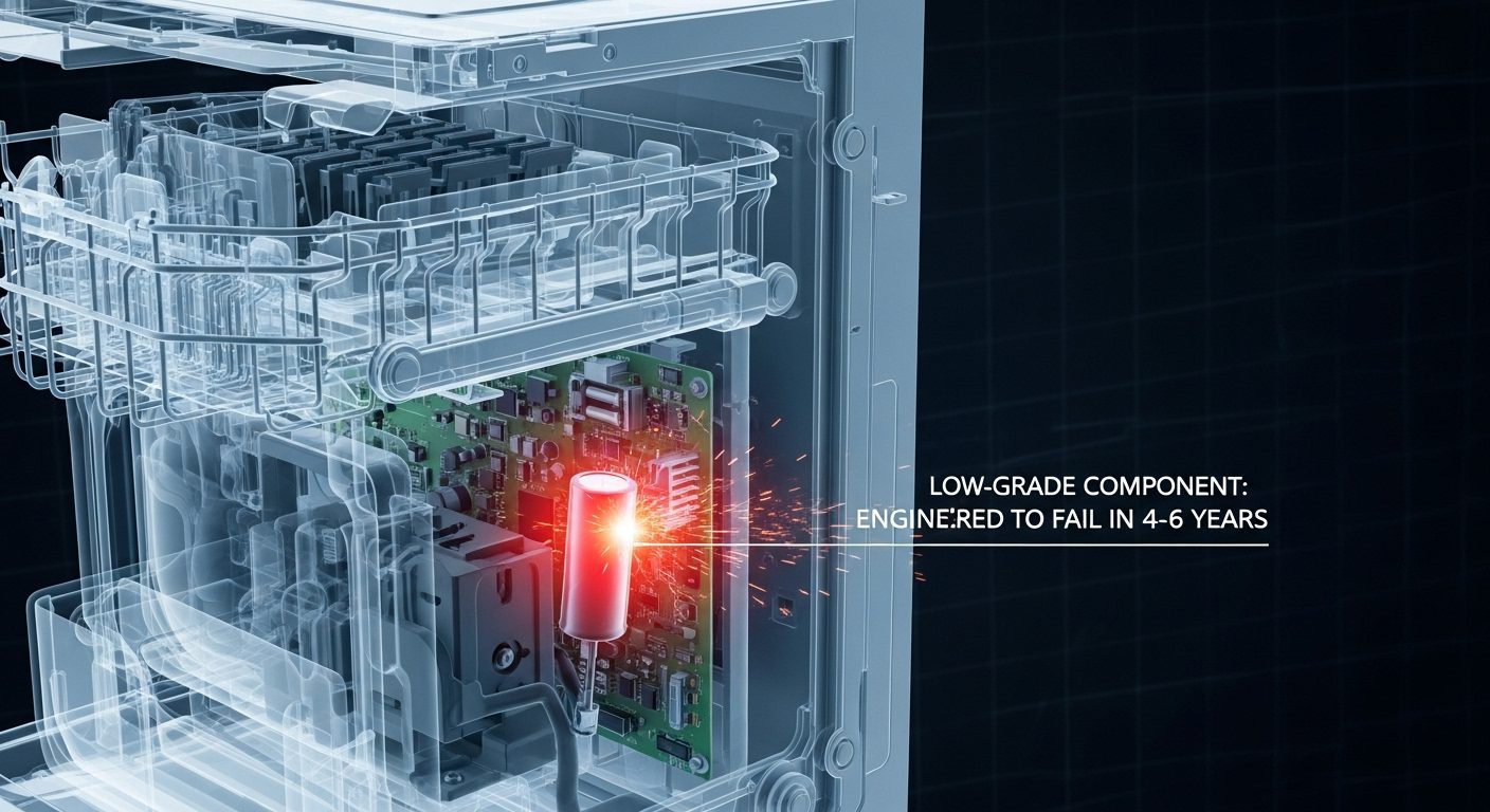 A diagram showing various appliance components like capacitors and relays with timers on them, illustrating planned obsolescence.