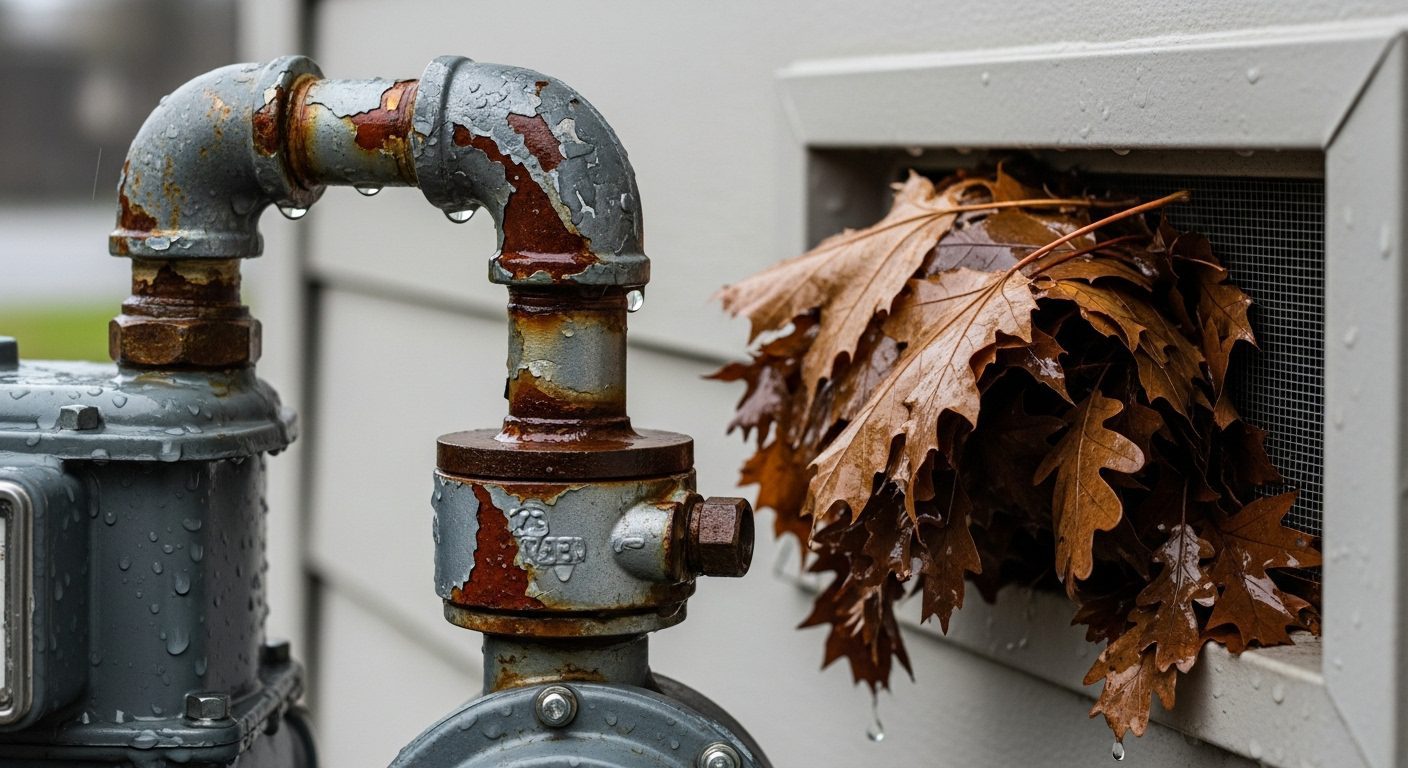 A close-up of a corroded gas pipe, highlighting the risk from Vancouver's coastal salt air.