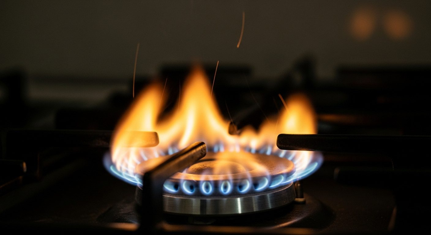 A gas stove with a yellow warning symbol indicating a dangerous gas leak and the associated smell.