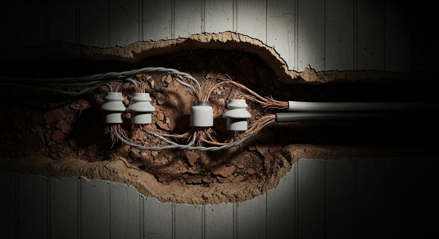 Close-up of hazardous and outdated knob-and-tube wiring common in Vancouver heritage homes.