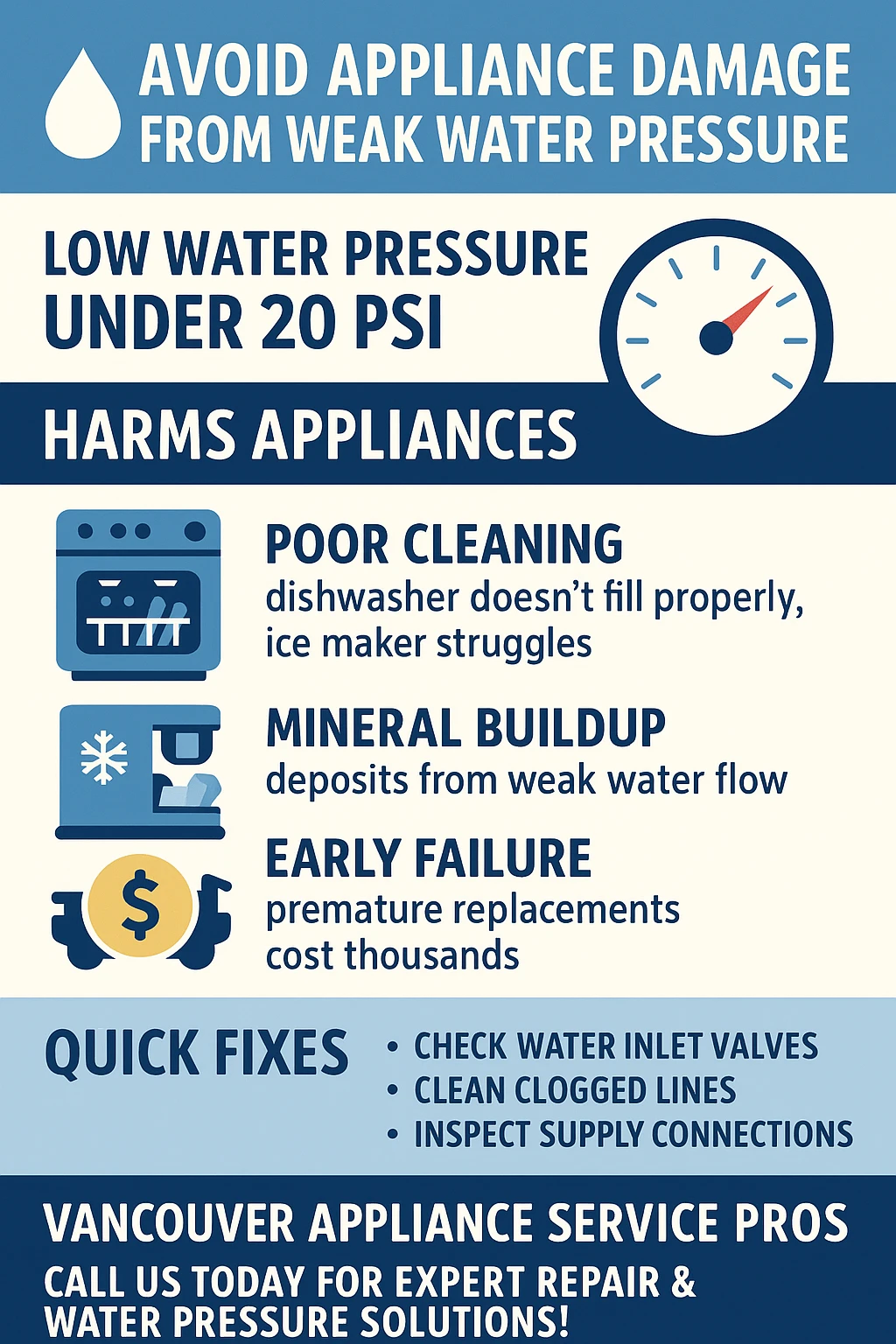 Infographic summarizing Vancouver's water pressure issues and their impact on home appliances.