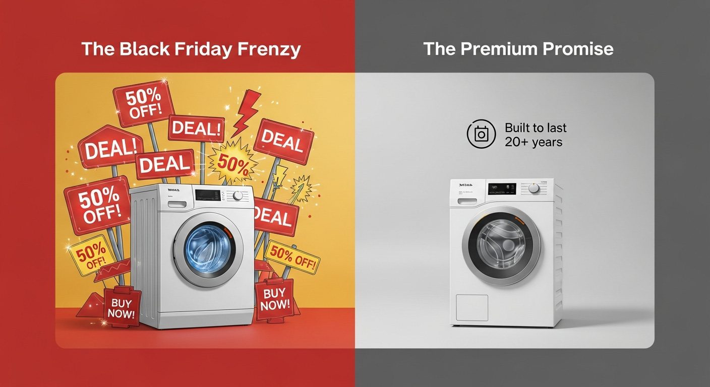 A side-by-side comparison showing the robust components of a premium appliance versus the flimsy parts of a discount appliance.
