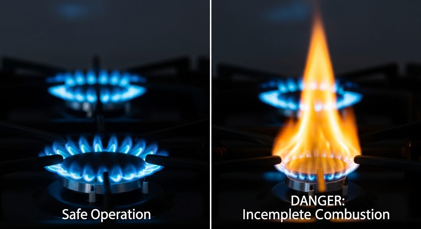 A side-by-side comparison of a safe, crisp blue gas flame and a dangerous, flickering yellow gas flame.