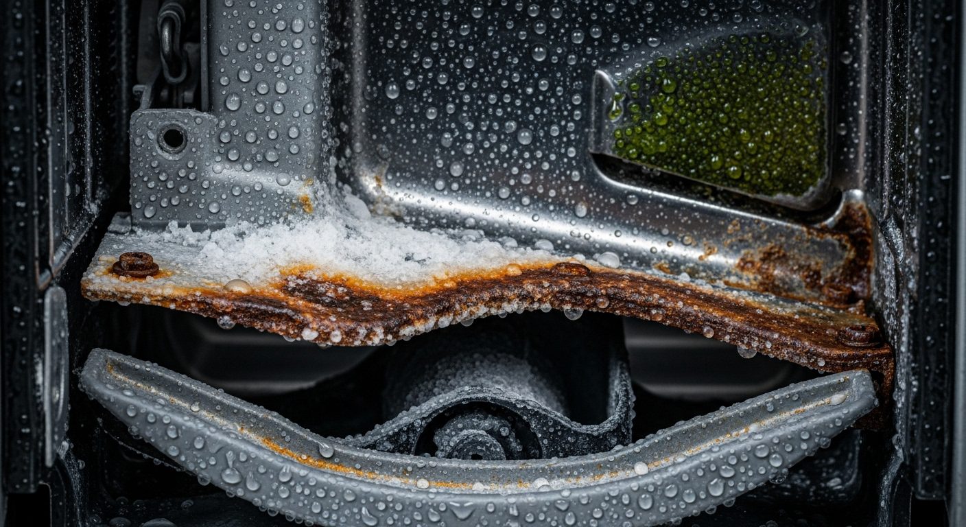 Close-up of a corroded appliance part, illustrating the effects of Vancouver's coastal climate.