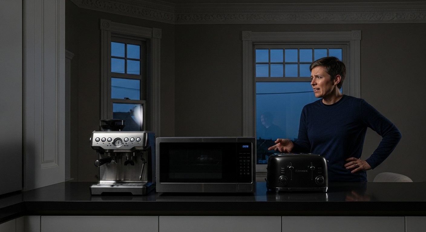 Darkened kitchen in a Vancouver heritage home illustrating a power trip from overloaded appliances.