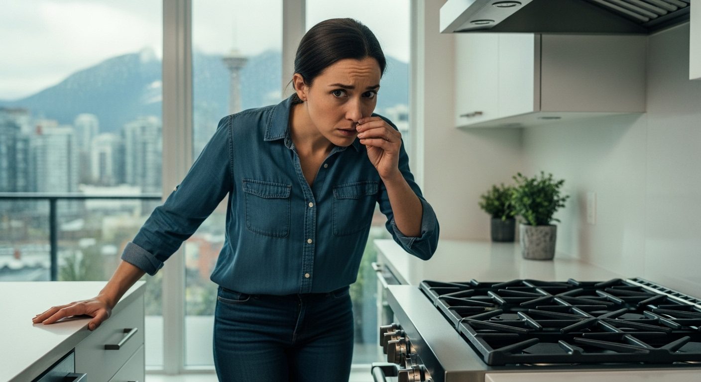 Vancouver homeowner looks concerned by a strange smell coming from a kitchen appliance.