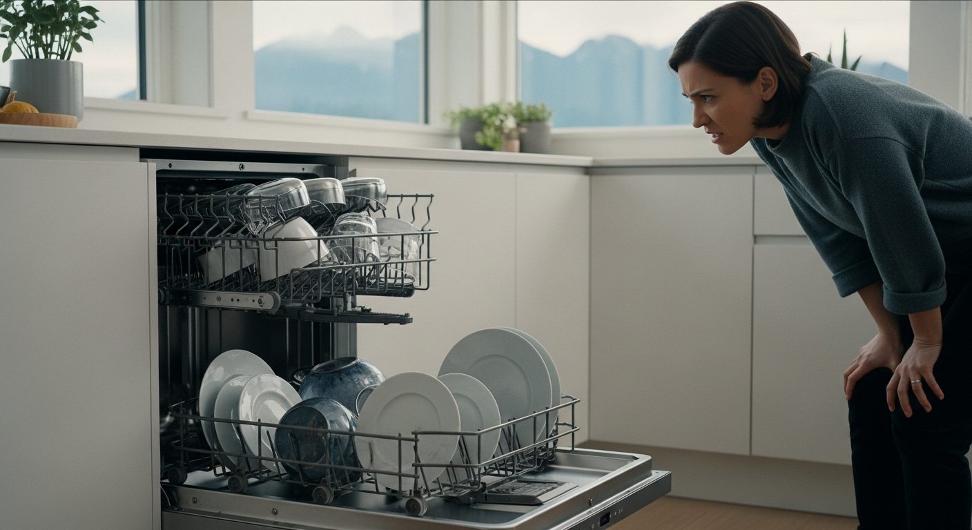 A Vancouver homeowner looks frustrated while examining a dirty dish taken from their dishwasher.