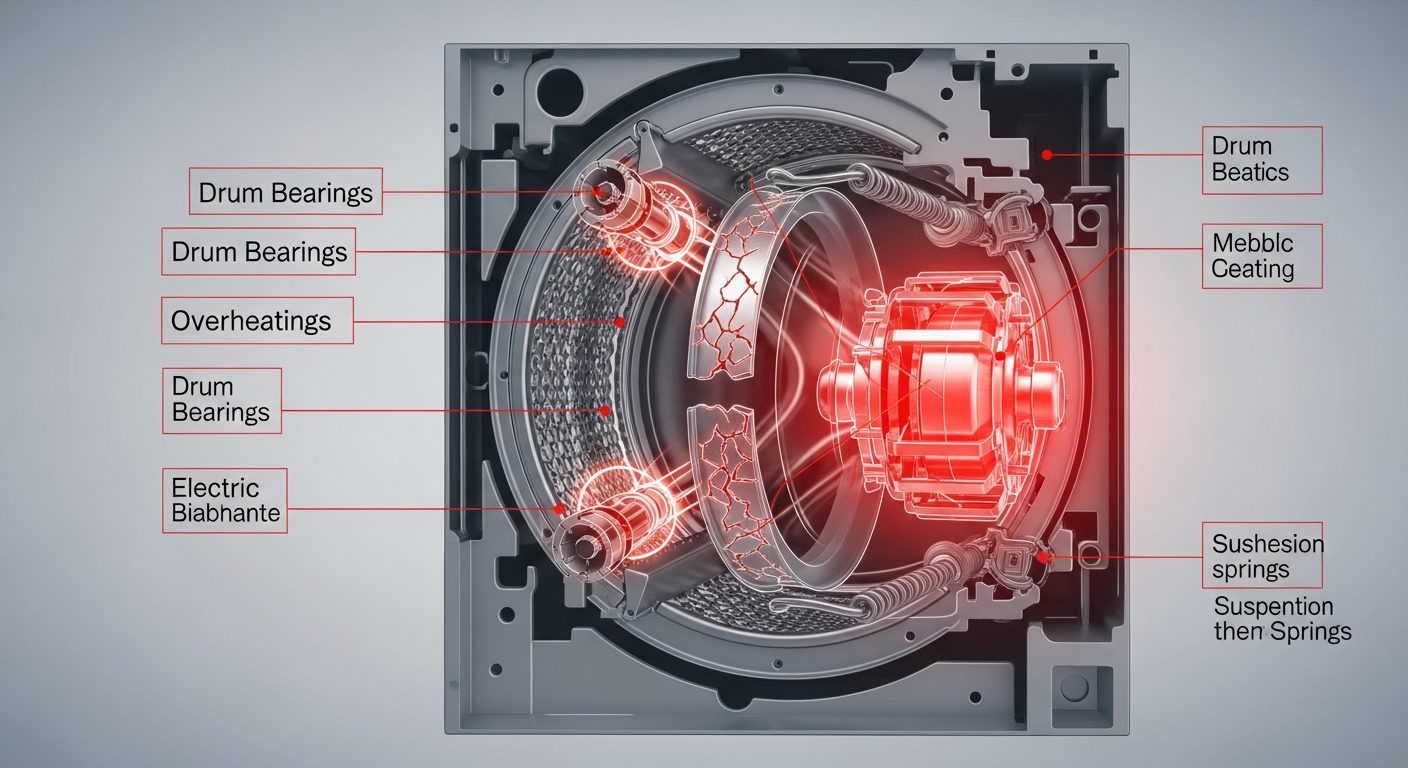 Cutaway view of washing machine showing damage from overloading