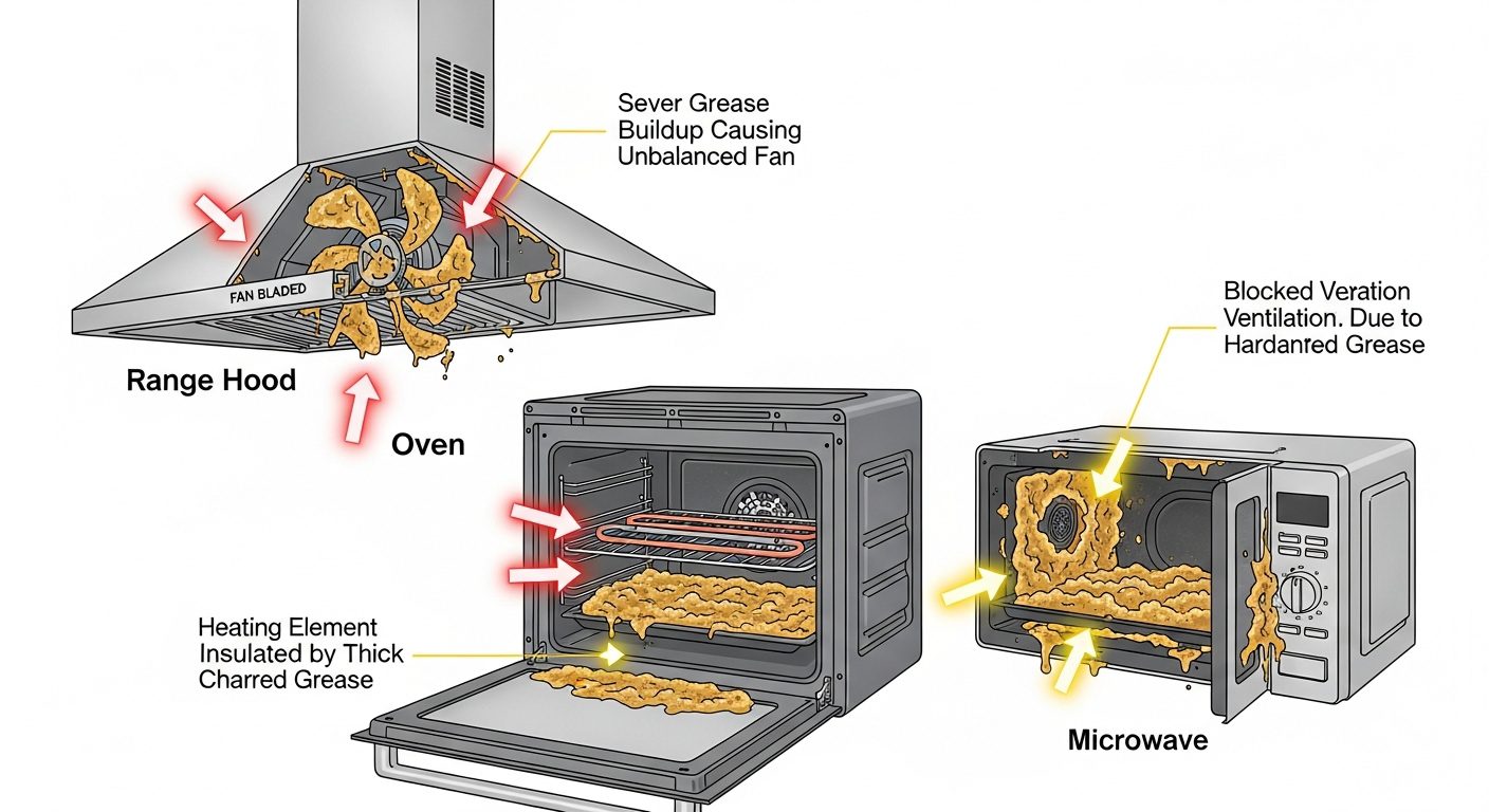 Cross-section of an appliance showing internal grease damage