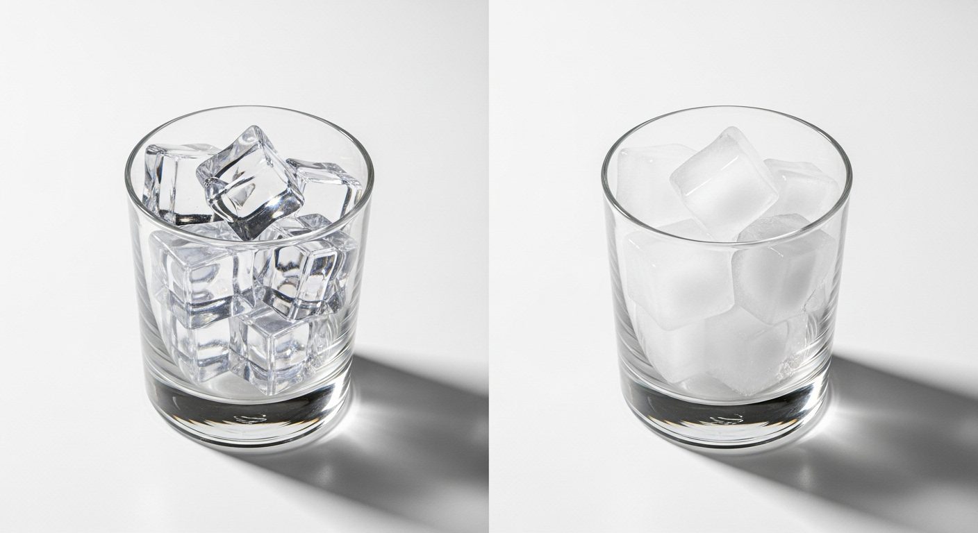 A hand holding clear ice cubes next to cloudy ice cubes from an ice maker