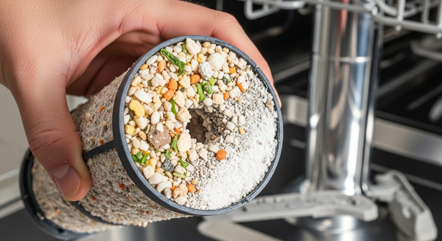 Close-up of a clogged dishwasher filter filled with food debris, which can cause drainage errors.