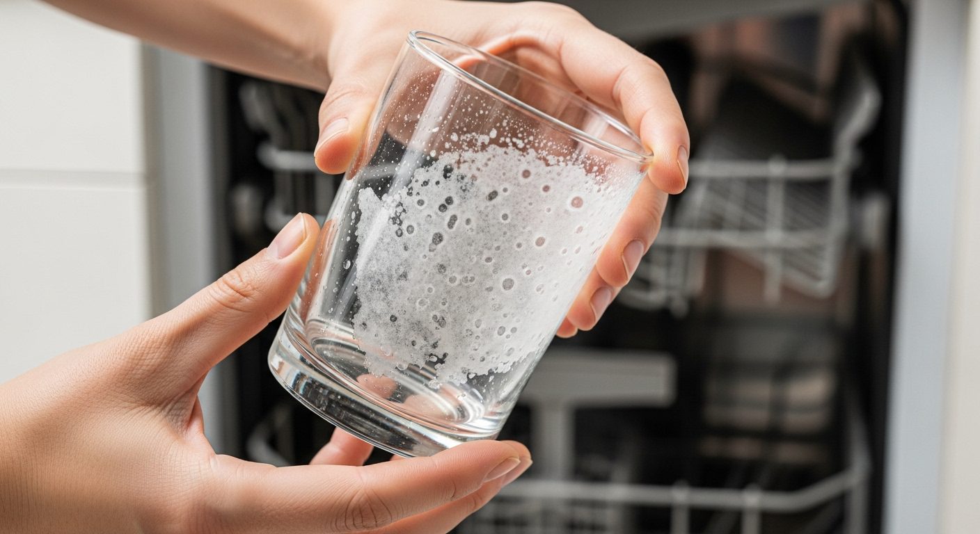 Side-by-side comparison of clear and cloudy glassware from a dishwasher