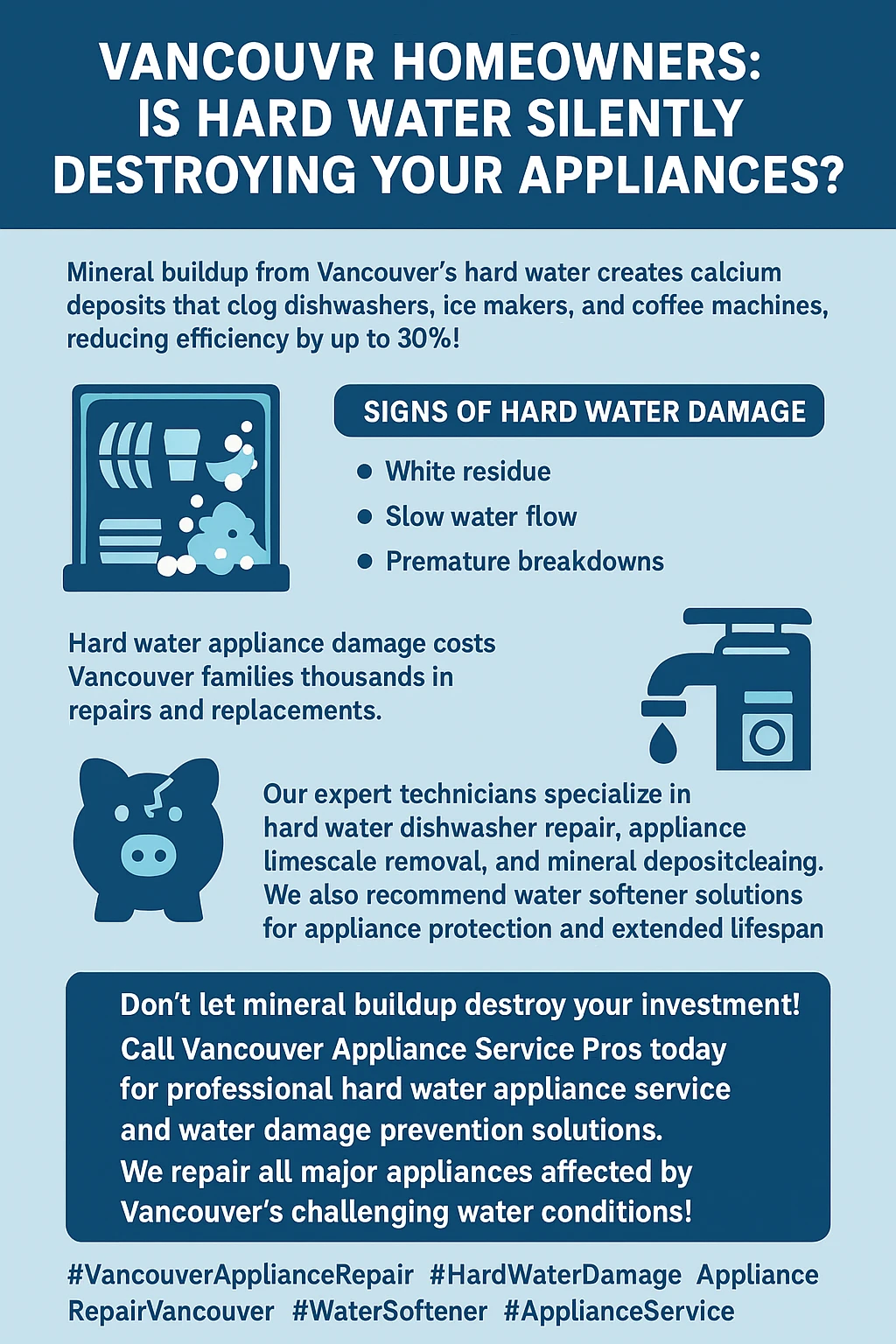 Infographic showing statistics on appliance damage from Vancouver's soft water