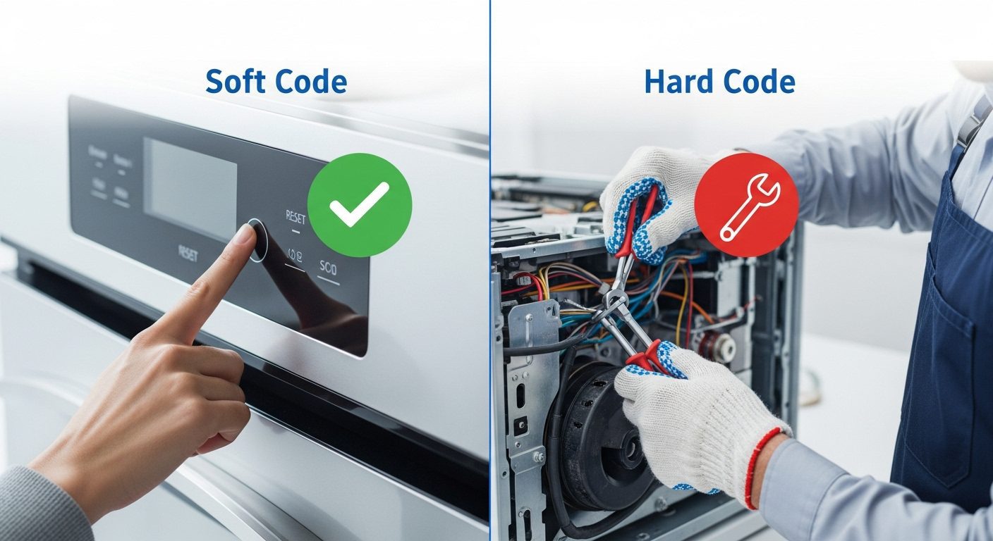 A graphic explaining the difference between soft error codes, which are user-fixable, and hard error codes, which require professional repair.