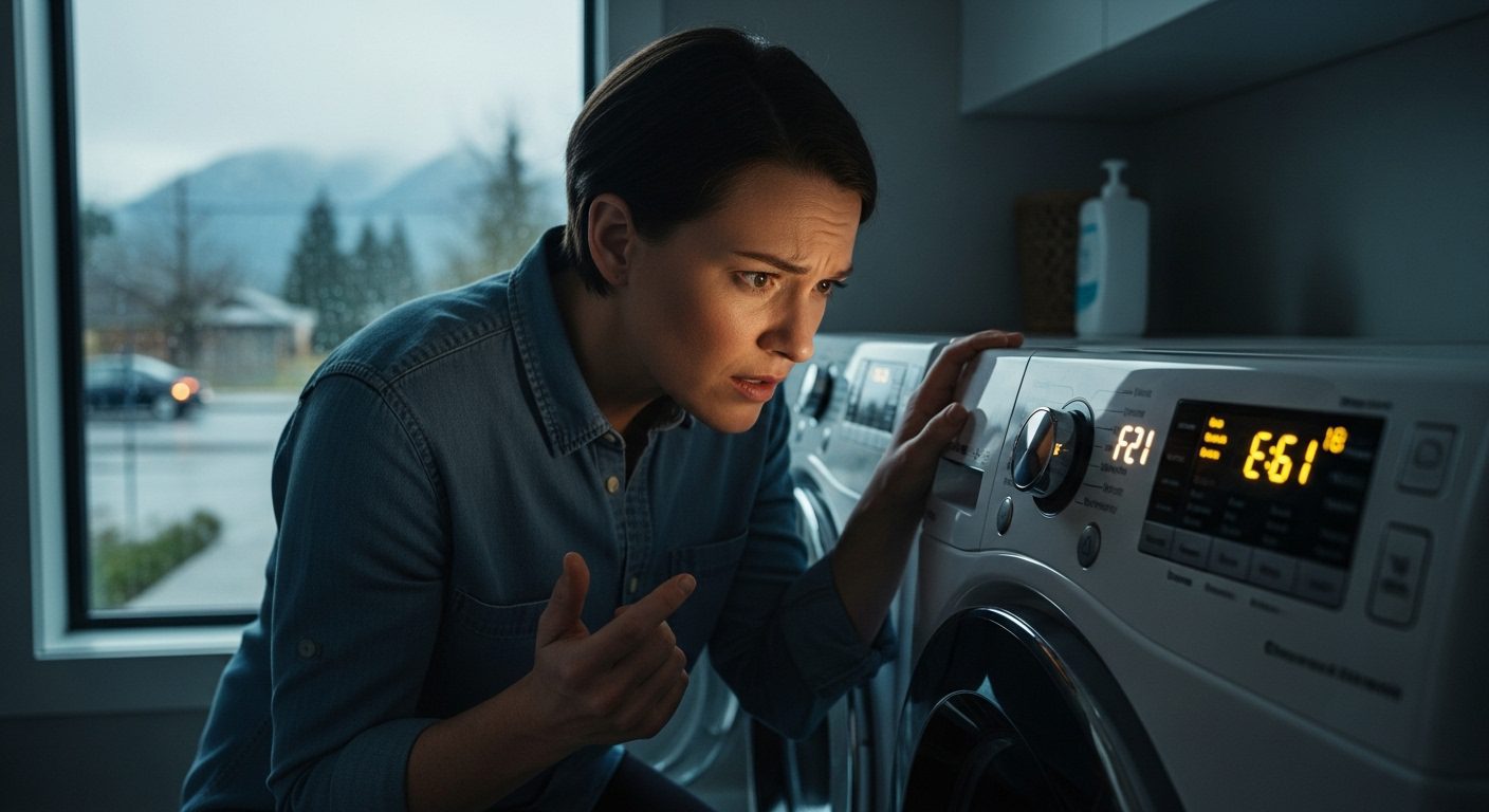 Frustrated Vancouver homeowner looking at an appliance with a flashing error code.