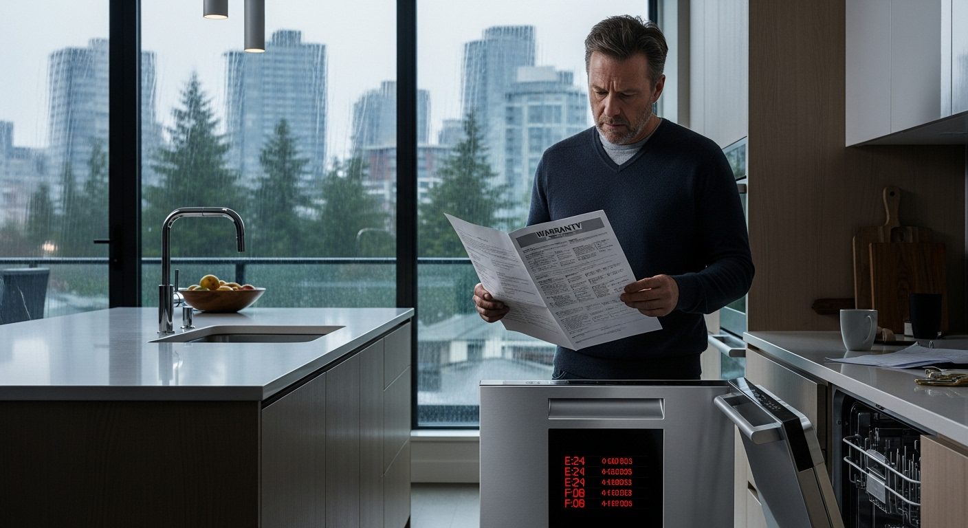 Vancouver homeowner inspecting kitchen appliance warranty documents