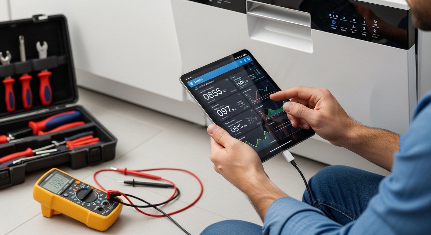 Appliance repair technician diagnosing smart dishwasher tablet