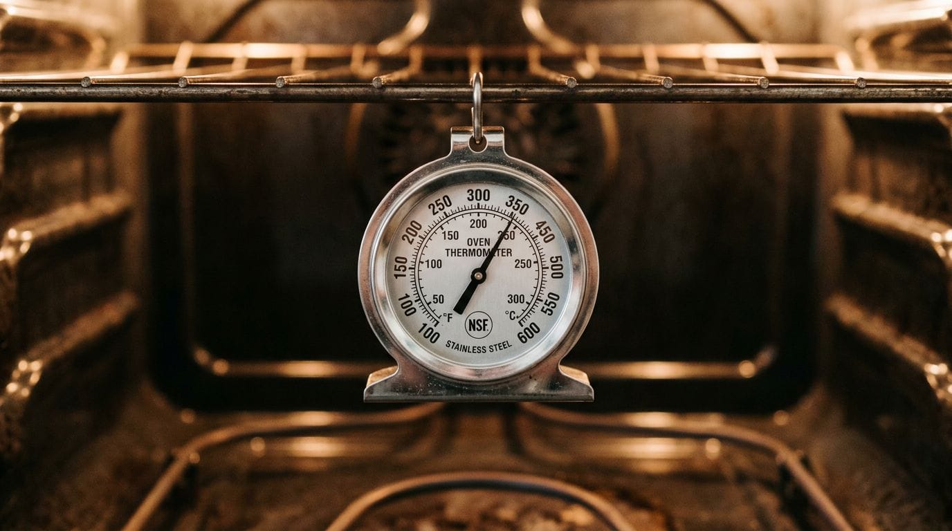 Analog oven thermometer on rack
