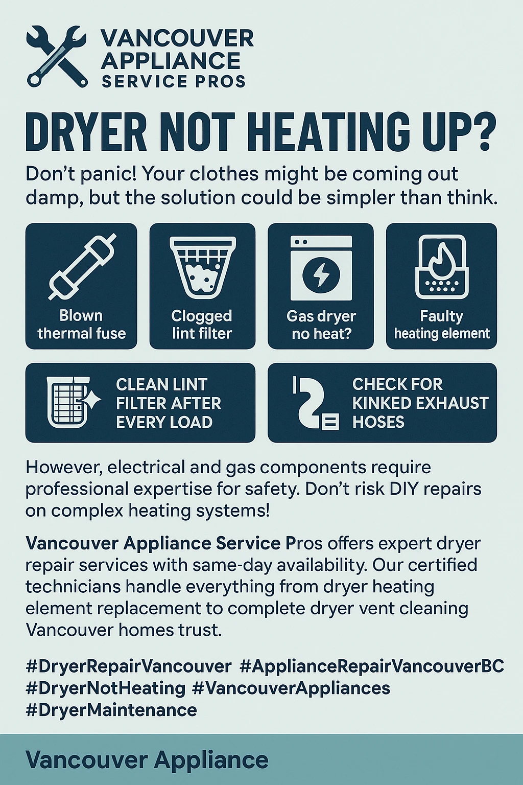 Common causes dryer not heating Vancouver infographic