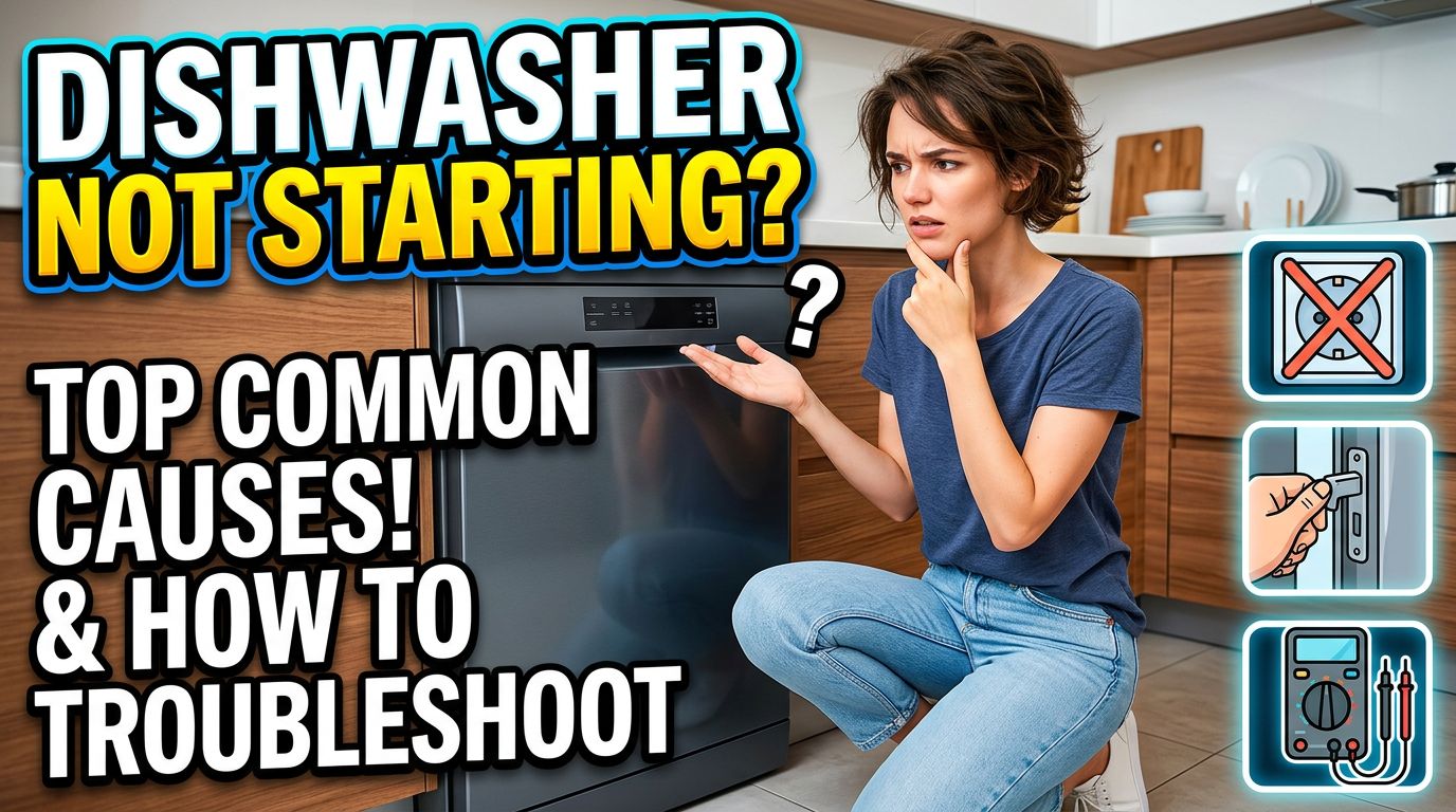Blog thumbnail for an article on the topic of dishwasher not starting, common causes and how to troubleshoot them.