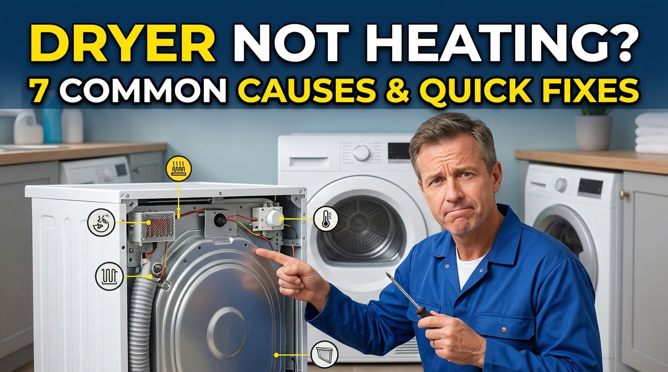 Blog hero image for an article on the topic of dryer not heating, 7 common causes & how to fix them.