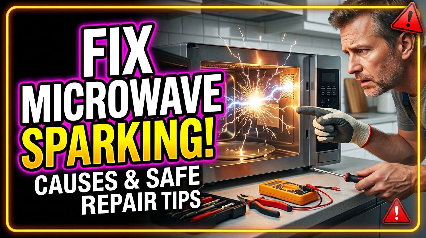 Blog hero image for an article on the topic of safe repair tips to fix a microwave sparking.