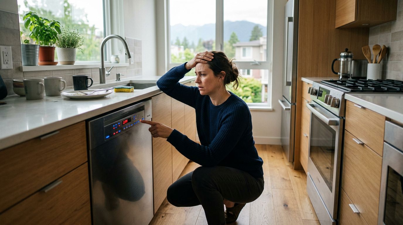 Frustrated homeowner troubleshooting dishwasher