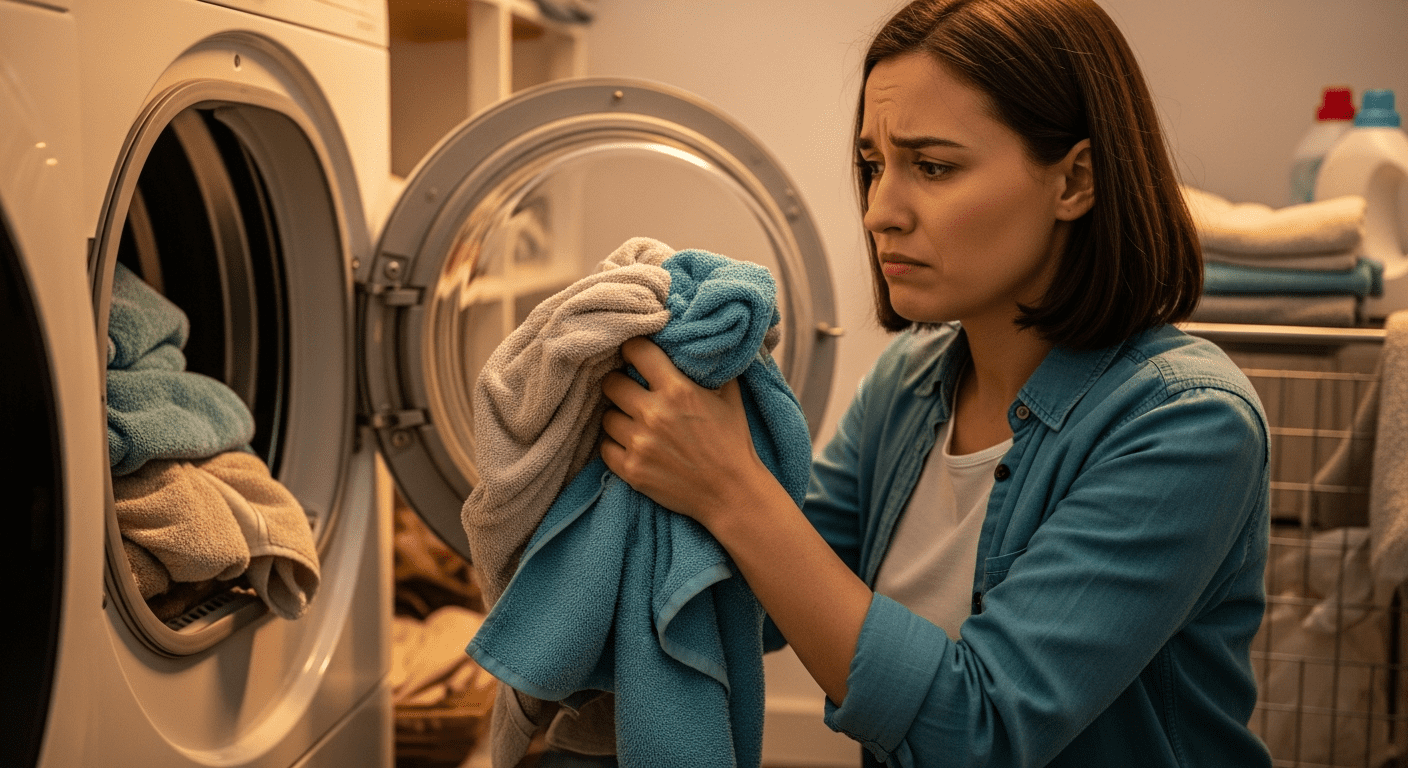 Frustrated homeowner dealing with wet laundry and dryer repair